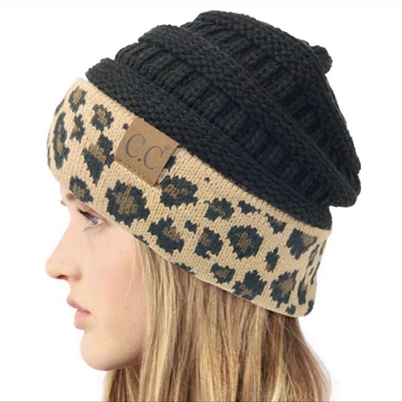 LAST ONE! 🥳HOST PICK🥳 NWT C.C. Black and Leopard Print Knit Beanie - Picture 4 of 16